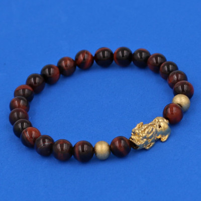 Vòng đeo tay đá Mắt Hổ đỏ đen 6 ly cẩn Tỳ Hưu inox vàng VMHOETHHBV6