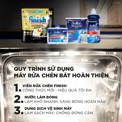 Combo Finish: Viên rửa chén Ultimate 18 viên + Nước làm bóng 500ml + Muối rửa chén 2kg
