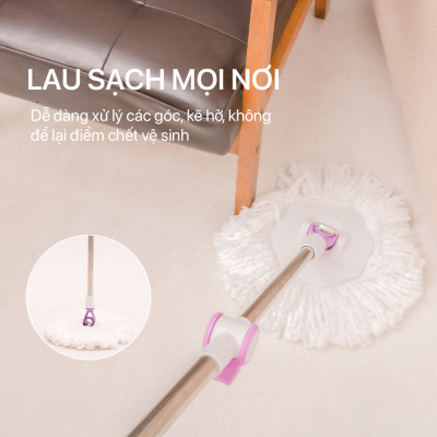 Combo 3 Bông Lau + 1 Cây Lau Nhà Đơn MyJae Sợi Microfiber Xoay 360 Độ Phù Hợp Cho Nhiều Loại Thùng Lau 134cm