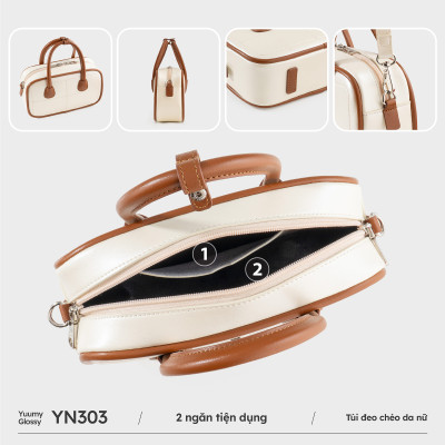 Túi Yuumy ( Thời trang nữ bo góc phối chỉ nổi size 23 - Túi đeo chéo da Glossy YN303 )