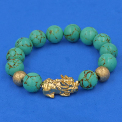 Chuỗi đeo tay San Hô Xanh Ngọc Sọc 12 ly - cẩn Tỳ Hưu Phong Thủy inox vàng VSHXLSTHHBV12