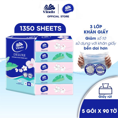 [LỐC 5 GÓI SIZE M] Khăn giấy rút cao cấp Vinda Deluxe 3 lớp 90 tờ size M (5 Gói)