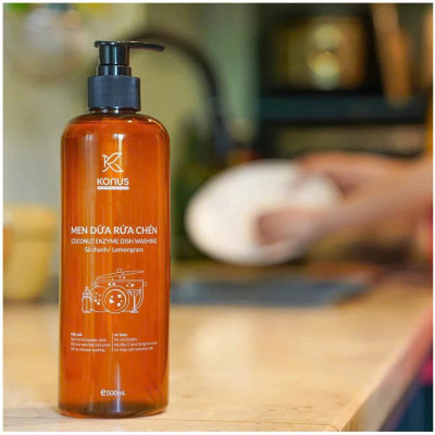 Nước Rửa Chén Enzyme Dừa Konus 500ml – Tinh Dầu Sả Chanh, Khử Mùi, Sạch Dầu Mỡ, Dịu Da Tay