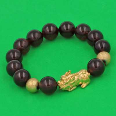 Chuỗi đeo tay đá Vân Rồng Nâu 12 ly - cẩn Tỳ Hưu Phong Thủy inox vàng VVRNTHHBV12