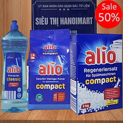 Combo bột rửa bát Alio + nước làm bóng Alio 1000 ml+ hộp muối làm mềm nước Alio 2 kg