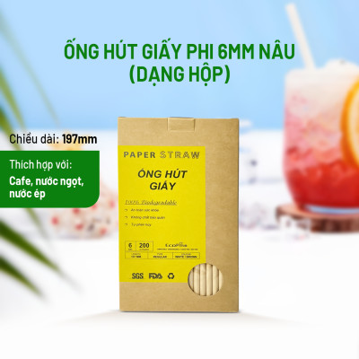 Hộp 200 ống hút giấy phi 6mm màu nâu kraft ECOPINE - Dùng cho cafe, nước ngọt, nước ép