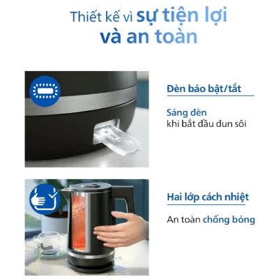 Bình/Ấm đun nước siêu tốc Philips 1.7L HD9395, công suất 2200W, bảo hành 2 năm| Hàng Chính Hãng