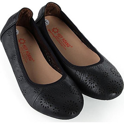 Giày nữ hoa văn Huy Hoàng da bò màu đen HT7948