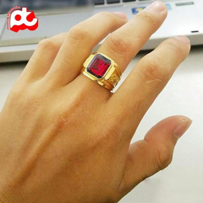 Nhẫn nam titan cao cấp thời trang chạm rồng 2 bên trangsucpt đá đỏ mạ vàng thép không gỉ PTNNA255