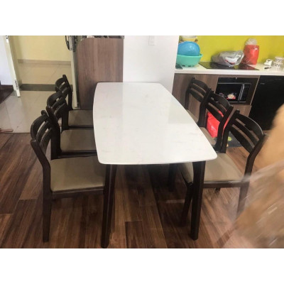 Bộ bàn ăn 3 lá mặt đá 1m6 + 6 ghế màu nâu  Thương hiệu Nội Thất Bình Long 