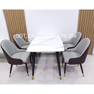Bộ bàn ăn chân trụ 1m2 + 4 ghế Monet có tay mặt đá ceramic  Thương hiệu Nội Thất Bình Long 