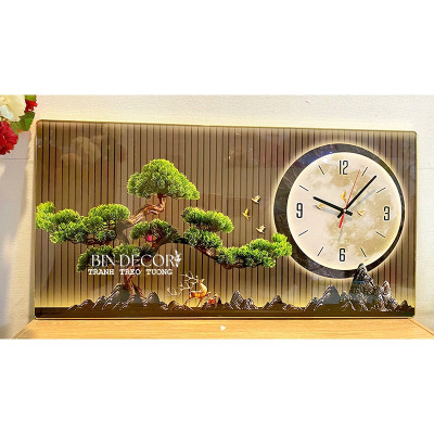 (ẢNH THẬT) Tranh đồng hồ tráng gương cây tùng tranh phòng khách quà tặng tân gia kèm đinh