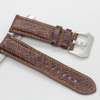 Dây Đồng Hồ Thay Thế Da Đà Điểu Thật Songhan Leather Handmade Màu Nâu Chỉ Vàng lổ To, BH 6 Tháng PROT-00