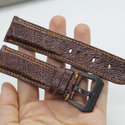 Dây Đồng Hồ Thay Thế Da Đà Điểu Thật Songhan Leather Handmade Màu Nâu Chỉ Vàng lổ To, BH 6 Tháng PROT-00
