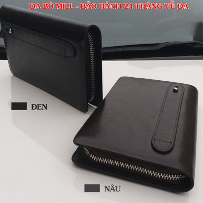 Ví dài cầm tay da bò Mill cao cấp Bụi Leather C104 - Bảo hành 12 tháng