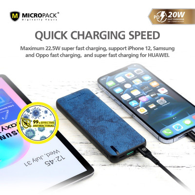 Pin Sạc Dự Phòng MicroPack ANTIBACTERIAL POWER STORE 1020 PB-1020 Dung Lượng 10.000mAh Phủ Lớp Da PU Kháng Khuẩn Hàng Chính Hãng