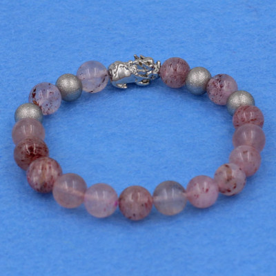 Vòng tay thạch anh dâu tây 8 ly - cẩn Tỳ Hưu inox bạc VTADTTHTB8 - hợp mệnh Hỏa, mệnh Thổ