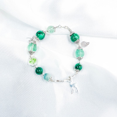 Vòng tay mệnh mộc, hỏa đá fluorit, đá khổng tước mix đá pha lê+ charm lá tì hươu LAT.112