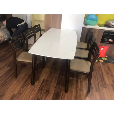 Bộ bàn ăn 3 lá mặt đá 1m6 + 6 ghế màu nâu  Thương hiệu Nội Thất Bình Long 