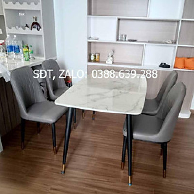 Bộ bàn ăn chân trụ 1m2 + 4 ghế Monet Ko Tay mặt đá ceramic  Thương hiệu Nội Thất Bình Long 