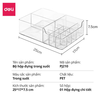 Khay Đựng Đồ Đa Năng Để Bàn Deli - Hộp Đựng Đồ Dùng Học Tập Văn Phòng Phẩm Trong Suốt - Nhiều Ngăn Có Nắp Đậy