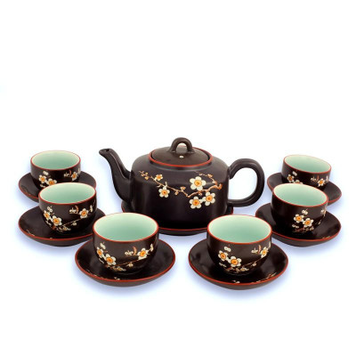 Bộ ấm chén dáng vuông men nâu vẽ đào S5