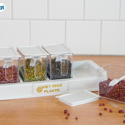 Bộ 4 Lọ Đựng Gia Vị Có Muỗng Nhựa Việt Nhật - Lọ Đựng Gia Vị Chất Liệu Nhựa PP An Toàn - Hàng Việt Nam