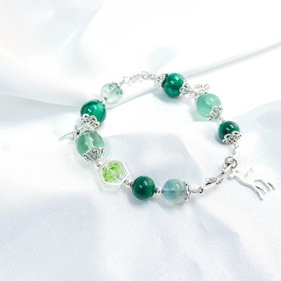 Vòng tay mệnh mộc, hỏa đá fluorit, đá khổng tước mix đá pha lê+ charm lá tì hươu LAT.112