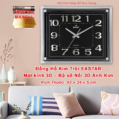 Đồng Hồ Treo Tường KIM TRÔI EASTAR Cao Cấp Mặt Chữ Nhật Ánh Kim – Mặt Kính 3D Tràn Viền – Bộ Số Nổi 3D