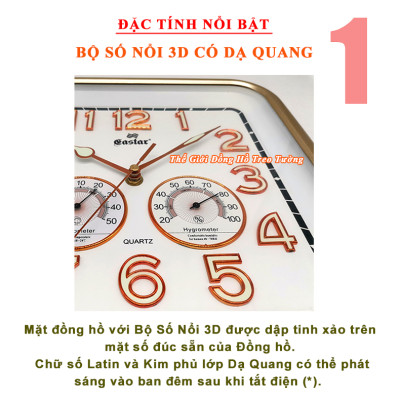 Đồng Hồ Treo Tường EASTAR Cao Cấp Có DẠ QUANG Và NHIỆT ẨM KẾ CƠ (Không Dùng Pin) - Máy Kim Trôi - SỐ NỔI 3D - Hình Vuông Mặt Trắng - Tặng Pin Maxell