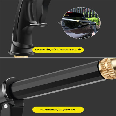 Bộ dây và vòi xịt rửa xe tưới cây tăng áp thông minh 810-2621-1 (dây vàng dẹt-cút nối đen)