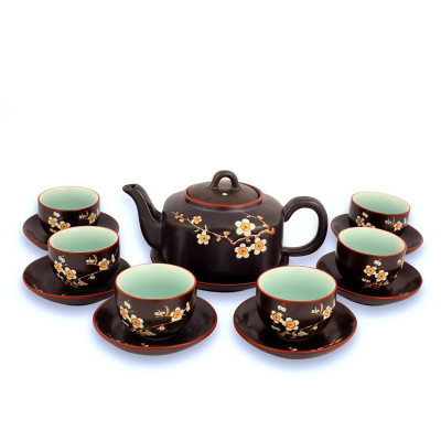 Bộ ấm chén dáng vuông men nâu vẽ đào S5