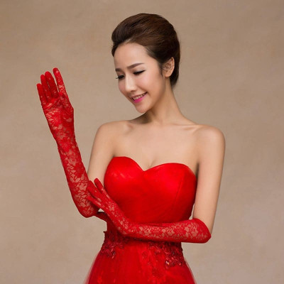 Găng tay ren hoa dáng dài màu đỏ cho Cô dâu và Dạ hội, đi tiệc, sự kiện MS: 42222