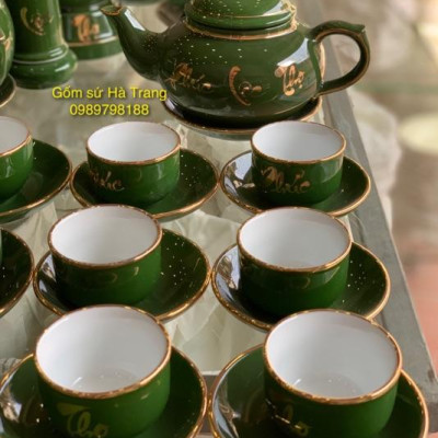 Bộ ấm chén Phúc Lộc Thọ dáng chóp men lục bảo vẽ vàng Gốm sứ Bát Tràng cao cấp