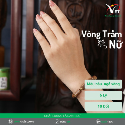 Vòng Trầm Hương Thiên Nhiên Dành Cho Nữ - Kiểu Đốt Trúc Đính Hạt Vàng - Màu Nâu Sậm