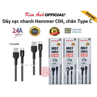 Dây sạc nhanh Ham mer C04 các loại chân cắm Type C, dòng điện 5v-2.4A, dây dù check Qr kiểm tra hàng chính hãng