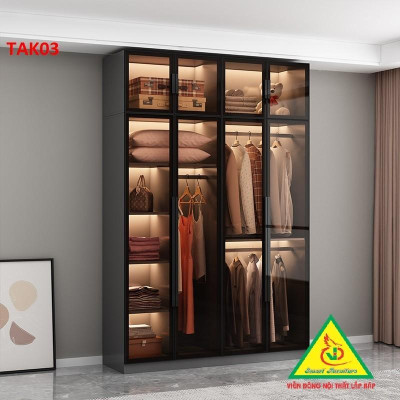 Tủ quần áo gỗ MDF cánh kính cường lực khung nhôm TAK02 - Nội thất lắp ráp Viendong Adv