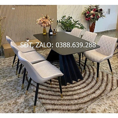 Bộ bàn ăn chân A Sóng 1m6 + 6 ghế Loft Trám mặt đá ceramic  Thương hiệu Nội Thất Bình Long 