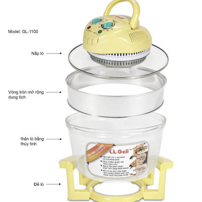 Thân nồi lò nướng thủy tinh, 12-17 lít, đầu lò 1300w, khay, vỉ nướng, chân nhựa, vành inox, hàng chính hãng Gali