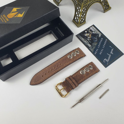 [Da thật] Dây đồng hồ nam thủ công da bò sáp AL113LEA (Nâu) (Kèm hộp + phụ kiện) Size 20/Size 22 - 100% da bò thật