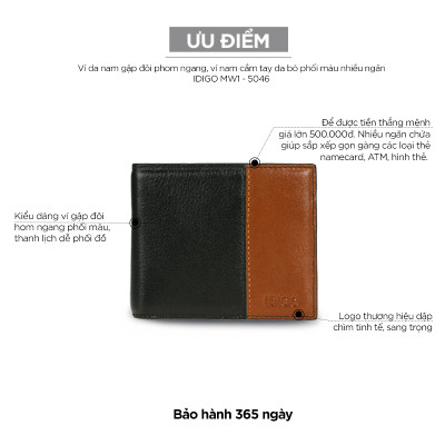 Ví da nam gập đôi phom ngang phối màu nhiều ngăn IDIGO MW1-5046