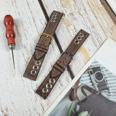 [Da thật] Dây đồng hồ nam thủ công da bò sáp AL113LEA (Nâu) (Kèm hộp + phụ kiện) Size 20/Size 22 - 100% da bò thật