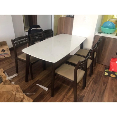 Bộ bàn ăn 3 lá mặt đá 1m6 + 6 ghế màu nâu  Thương hiệu Nội Thất Bình Long 