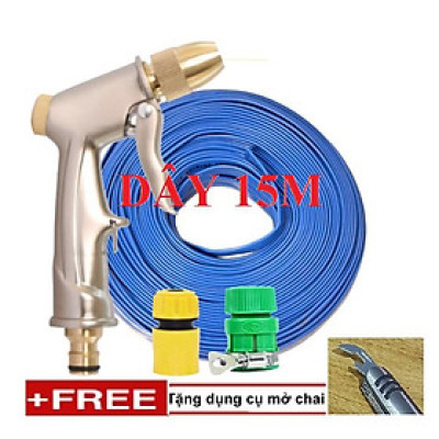 Bộ dây vòi xịt nước rửa xe, tưới cây . tăng áp 3 lần, loại 15m 206701-1 đầu đồng,cút+tặng mở chai