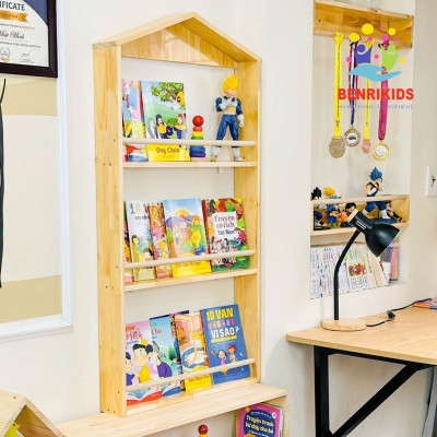 Giá sách cho bé, giá để sách treo tường hình ngôi nhà bằng Gỗ, trang trí phòng trẻ em
