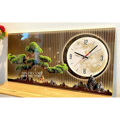 (ẢNH THẬT) Tranh đồng hồ tráng gương cây tùng tranh phòng khách quà tặng tân gia kèm đinh