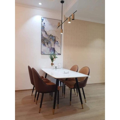 Bộ bàn ăn chân trụ 1m2 + 4 ghế Monet có tay mặt đá ceramic  Thương hiệu Nội Thất Bình Long 