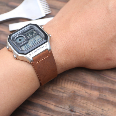 Dây Da Thật Thay Thế Dành Cho Đồng Hồ Casio AE1200 Da Sáp Nâu Sậm Handmade
