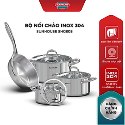 Bộ Nồi Chảo Inox 304 Đáy Liền Sunhouse SHG808