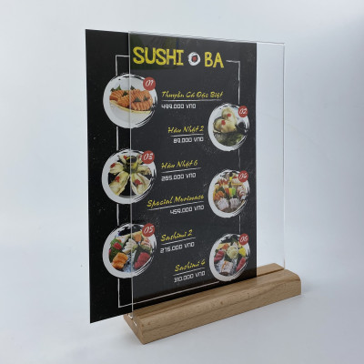 Kệ mica 2 mặt Enter E43 100x210mm đế gỗ 1/3A4 đứng, Kệ menu nhà hàng, Standee mica để bàn, Bảng quét mã QR Code
